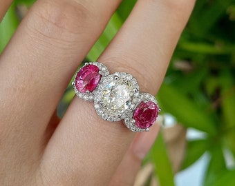 Certified 2.55ct Natural Diamond & Rubellite Rourmaline 18K White Gold Ring|2 carat diamond ring|Fine Jewelry|Big Diamond|Diamond Jewelry