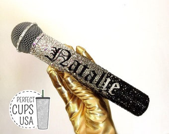 Genuine Swarovski crystals Black to White bling Microphone with name, Custom name Swarovski microphone included, Lux gifts for singers