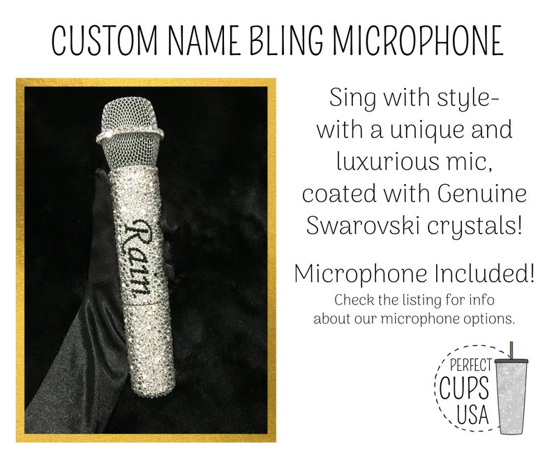 Silver Custom microphone Swarovski crystal bling wireless mic, Wireless microphone with name, Personalized singing microphone included image 2