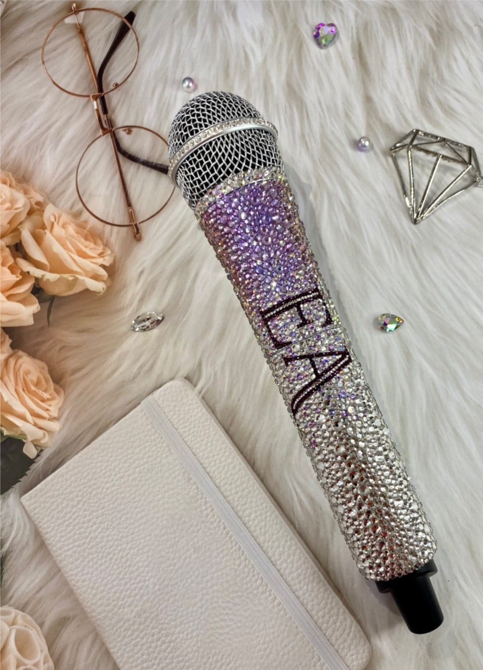 Purple & silver bling wireless microphone with name, Swarovski crystal bling microphone, Swarovski microphone with name microphone included