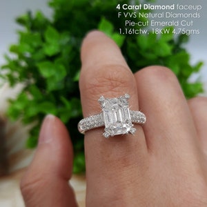 BIG 4 Carat Emerald Cut Diamond Faceup F VVS Natural Diamonds Pie-Cut 18K White Gold Ring|big diamond|engagement ring|affordable diamond