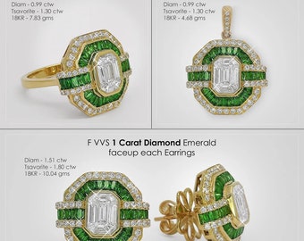 2 Carat Natural Diamonds faceup, Natural Tsavorite, 18K Yellow Gold Jewelry Set|Ring|Earring|Pendant|Big Diamond|Matching Jewelry|Affordable