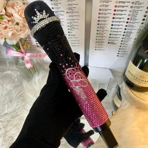 Pink & Black bling wireless microphone with name, Genuine Swarovski crystal bling microphone included, Rhinestones mic with name