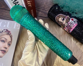 FULL GREEN bling wireless microphone with name, Genuine Swarovski crystal bling microphone included, Rhinestones mic with name