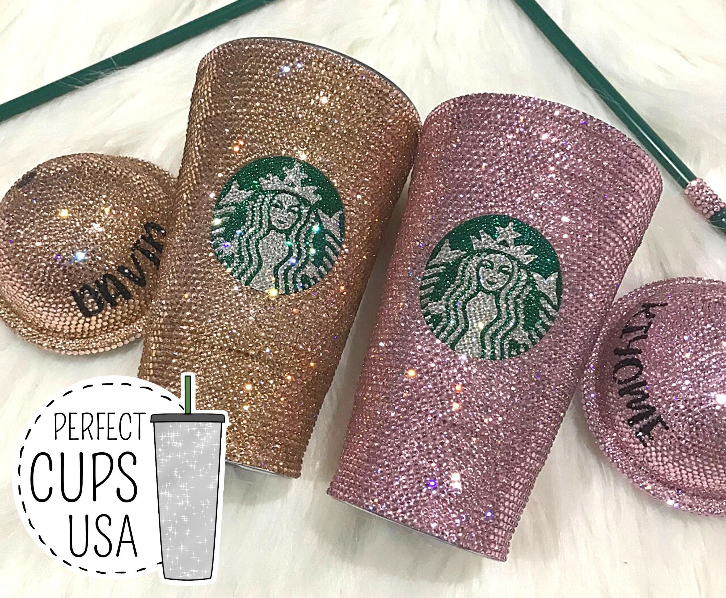 Stainless Starbucks Coffee Cup Tumbler w/ Swarovski Rose Gold