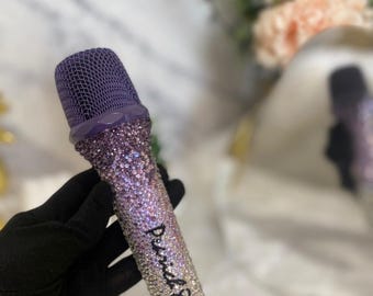 Silber & Lila Bling Funkmikrofon mit Namen, echtes Swarovski Kristall-Bling-Mikrofon enthalten, Strass-Mikrofon mit Namen