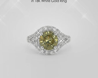 BIG 2 Carat Fancy Green Yellow Natural Diamond in 18K White Gold Halo Ring|big diamond|engagement ring|affordable diamond|Fine Jewelry