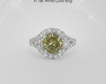 BIG 2 Karat Fancy Green Yellow Natural Diamond in 18K Weißgold Halo Ring|big Diamant|gagement Ring|erforderbarer Diamant| Edler Schmuck
