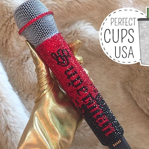 Black & red bling wireless microphone with name, Genuine Swarovski crystal bling microphone, Swarovski name gift microphone included