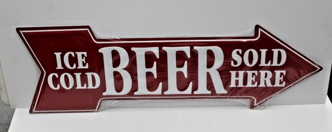 Ice Cold Beer Sold Here Embossed Metal Arrow Sign Man Cave Sports Room ...