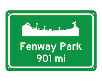 May include: Green road sign with white text and a silhouette of Fenway Park. The sign reads "Fenway Park 901 mi".