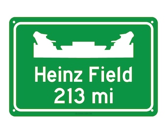 May include: Green road sign with white text and a white silhouette of a stadium. The sign reads "Heinz Field 213 mi".