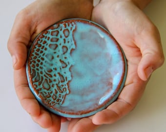 Ceramic Ring Dish, handmade pottery, trinket tray, jewelry dish, lace imprint, ceramic bowl, handmade gift, gifts for women,gifts