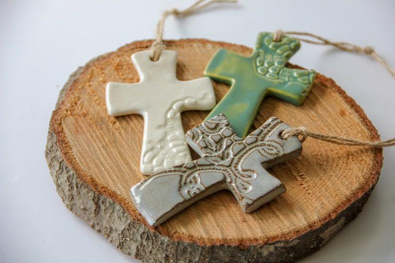 Cross Ornament, flared cross, handmade pottery, ceramic ornament, Christian, Christmas ornament, Christmas gift, religious gift image 2