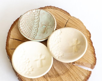 Cross Ring Dish: No Gold, Handmade Lace Ceramic