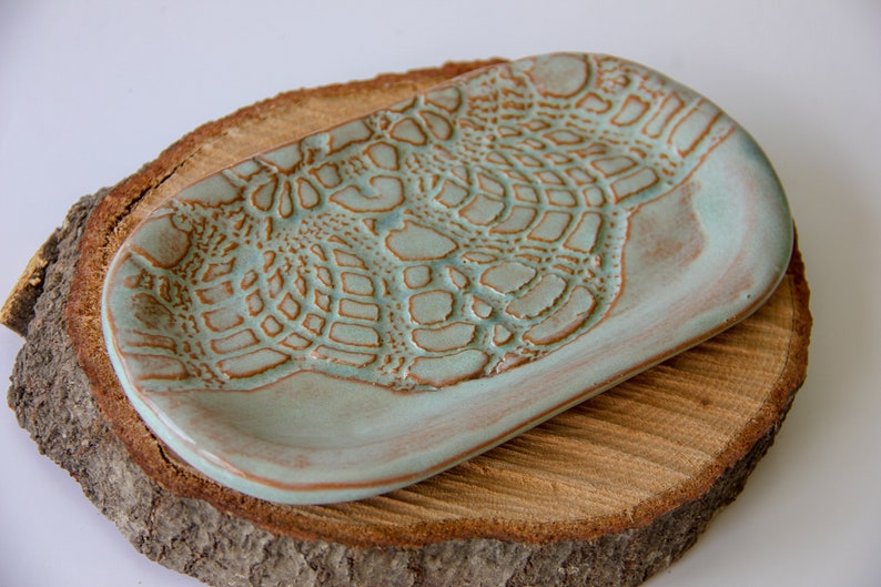 Ceramic Soap Dish, lace imprint, handmade pottery, custom pottery, home decor, bathroom decor, home accents, soap dish ceramic image 4