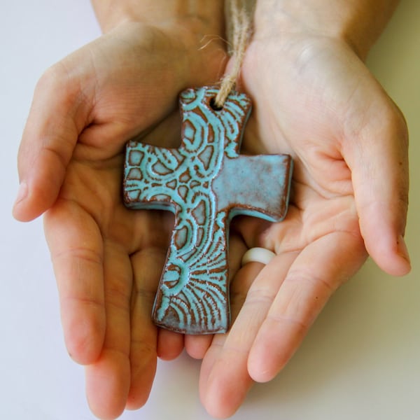 Handmade Pottery Cross Ornament: Lace Imprint, Christian Gift