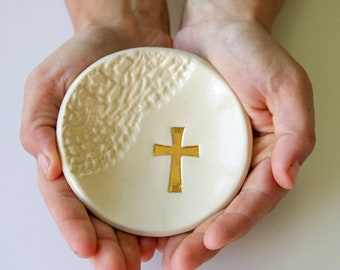 Cross Ring Dish, Gold Leaf Cross Ring Dish, Ceramic Ring Dish, Ring Dish, Christian Ring Dish, Lace Imprint, Ceramic Dish, Gold leaf