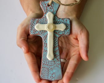 Trinity Cross, handmade pottery, hangable cross, ceramic wall cross, lace imprint, Christian gifts, handmade Christmas gifts, home
