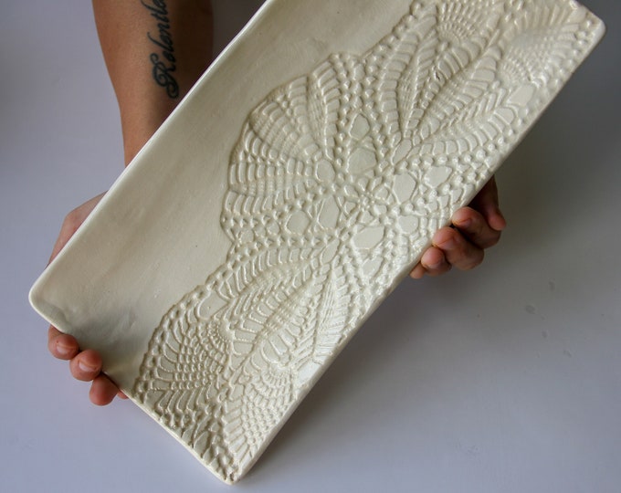 Handmade Lace Imprint Ceramic Platter: Rectangular Pottery Dish