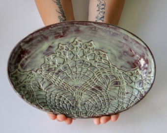 Oval Ceramic Dish, ceramic platter, handmade pottery, serveware, lace imprint, custom pottery, wedding and housewarming, ceramic plate