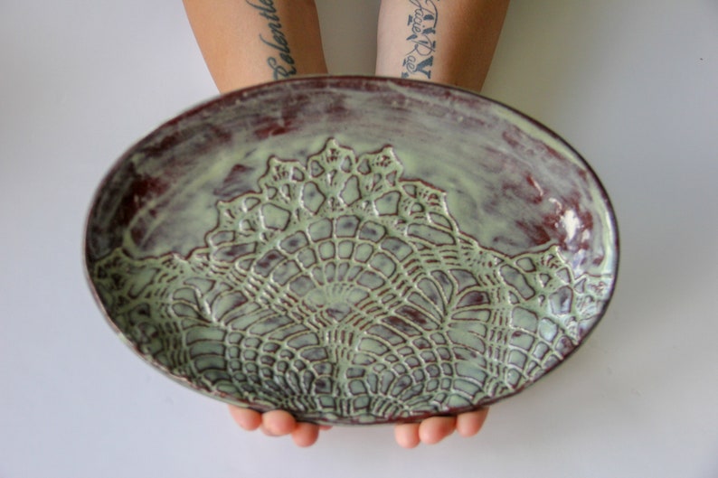 Oval Ceramic Dish, ceramic platter, handmade pottery, serveware, lace imprint, custom pottery, wedding and housewarming, ceramic plate image 1