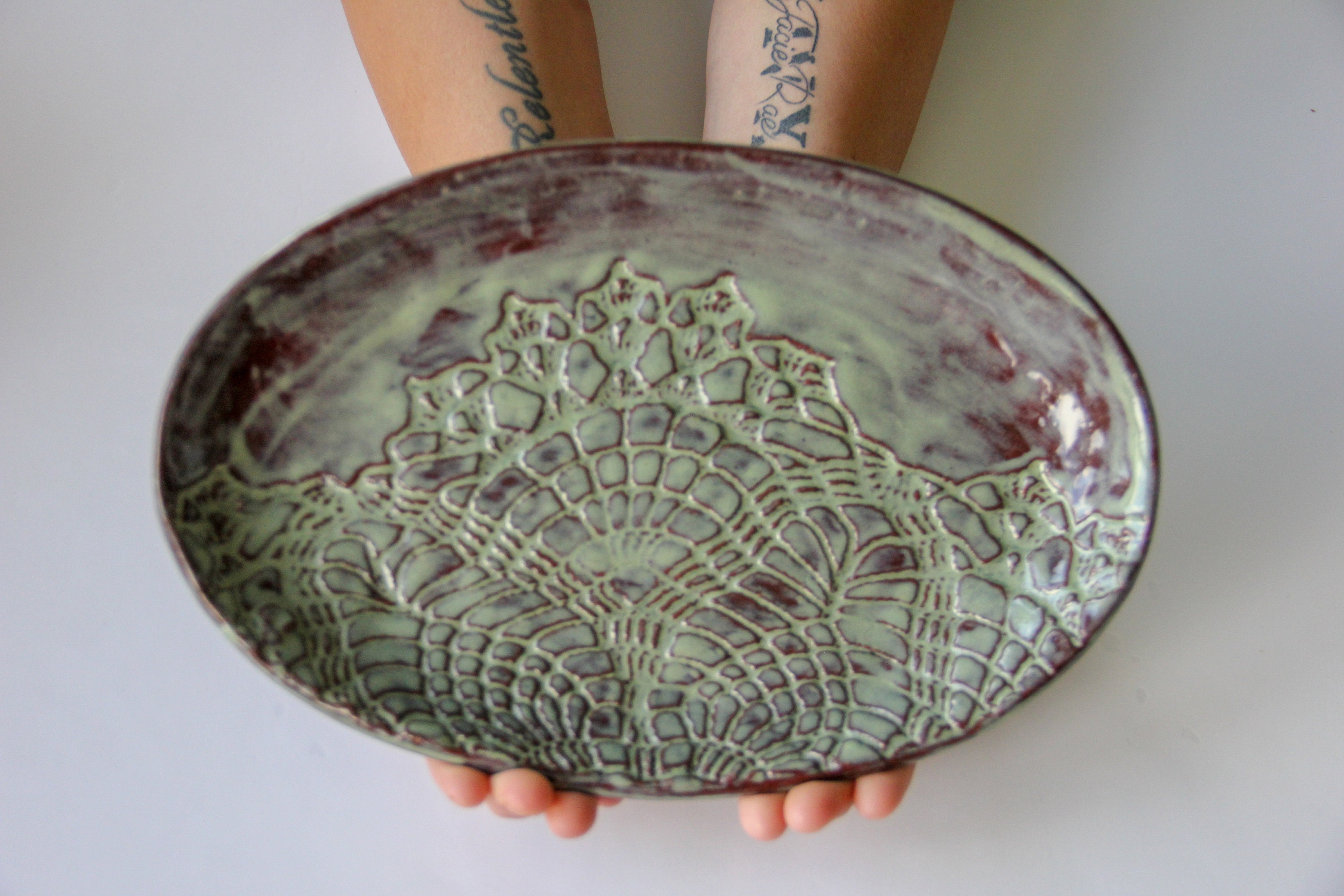 Oval Ceramic Dish ceramic platter handmade pottery serveware lace imprint custom pottery wedding and housewarming ceramic plate