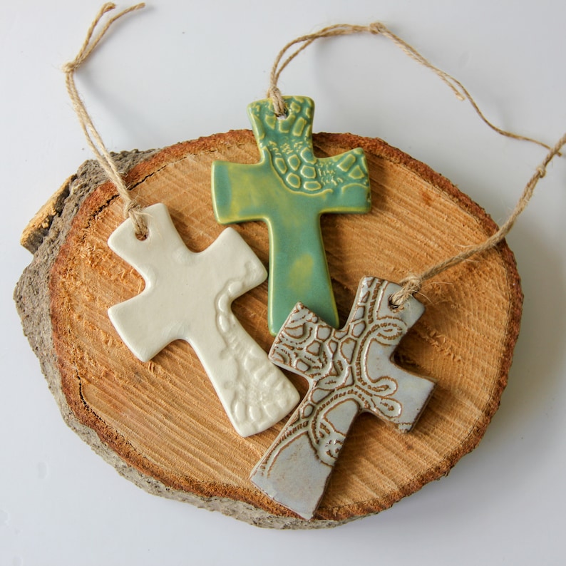 Cross Ornament, flared cross, handmade pottery, ceramic ornament, Christian, Christmas ornament, Christmas gift, religious gift image 3