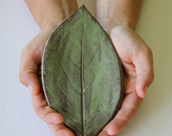 Large Leaf Ceramic Soap Dish, handmade pottery, leaf imprint, custom pottery, pottery soap dish, spoon rest, bathroom accent, kitchenware