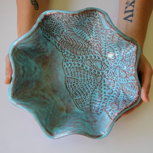 Handmade Lace Imprint Ceramic Blossom Bowl - Wavy Serveware