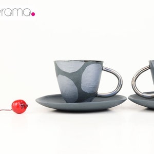 Two Porcelain Espresso Cups Set - Black Pearl Collection, espresso cups, Cups with Platinum Handle