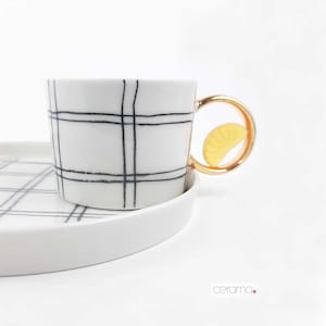 Porcelain Cup - B&W Collection, Coffee Cup, Cup with Golden Handle, Tea Cup, Hand Painted Cup