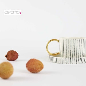Porcelain Cup - B&W Collection, Coffee Cup, Cup with Golden Handle, Tea Cup, Hand Drawn Cup, Thin Walled Cup