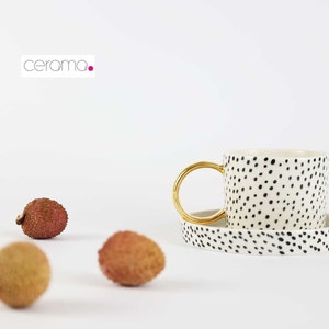 Porcelain Cup - B&W Collection, Cup with Golden Handle, Hand Painted Cup, Thin Walled Cup