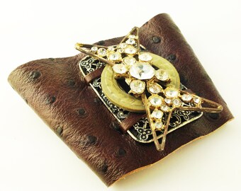 Marrón brazalete de cuero con adorno de Strass Vintage, uno-de-a-Kind, Wyndell esperanza