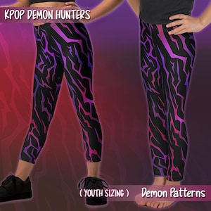 May include: Black leggings featuring a striking purple and pink lightning bolt design. The text "KPOP DEMON HUNTERS" is at the top, and "(YOUTH SIZING) Demon Patterns" is at the bottom. The leggings are shown on a person.