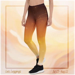 Leo Zodiac Leggings | Constellation Yoga Pants | Fire Sign Astrology Activewear | July August Birthday | Gold Orange Gradient Leggings