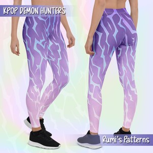 May include: Leggings with a purple and pink gradient design, featuring a lightning bolt pattern in light blue. The text "KPOP DEMON HUNTERS" is at the top, and "Rumi's Patterns" is at the bottom.