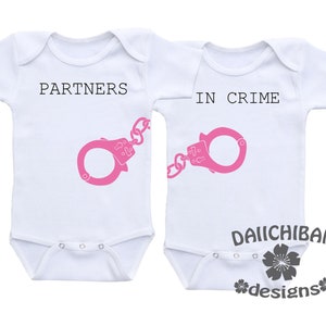Twin Matching Outfits Partners in Crime Onesie Twin Onesies girl Twin girls outfits twin girl outfit Twin clothing for girls Twin baby girls