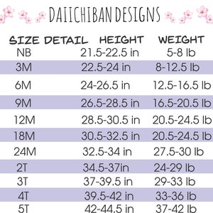 以下が含まれることがあります： Daiichiban Designsのサイズチャート。新生児から5Tまでのベビーと幼児のサイズをリストしています。各サイズについて、高さ（インチ）と重量（ポンド）が含まれています。チャートは白で、ラベンダー色の背景です。