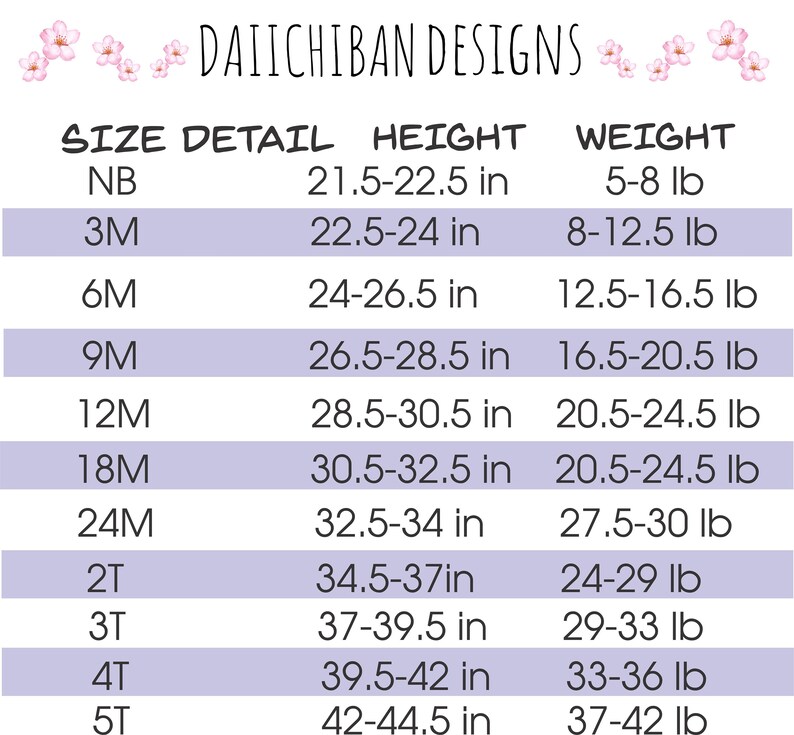 以下が含まれることがあります： Daiichiban Designsのサイズチャート。新生児から5Tまでのベビーと幼児のサイズをリストしています。各サイズについて、高さ（インチ）と重量（ポンド）が含まれています。チャートは白で、ラベンダー色の背景です。