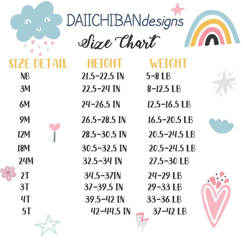 May include: A size chart for children's clothing with a rainbow, clouds, stars, and hearts. The chart lists sizes from newborn to 5T with corresponding height and weight ranges in inches and pounds.