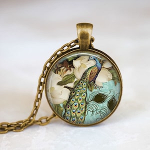 Peacock Necklace, Victorian Style Peacock Jewelry Glass Art Pendant Gift for Her Antique Bronze Pendant Gift For Mom Pendant Birthday Gift
