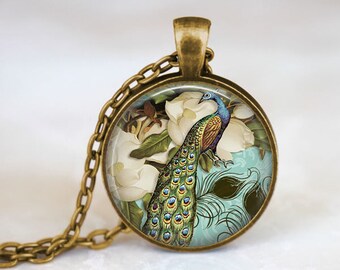 Peacock Necklace, Victorian Style Peacock Jewelry Glass Art Pendant Gift for Her Antique Bronze Pendant Gift For Mom Pendant Birthday Gift