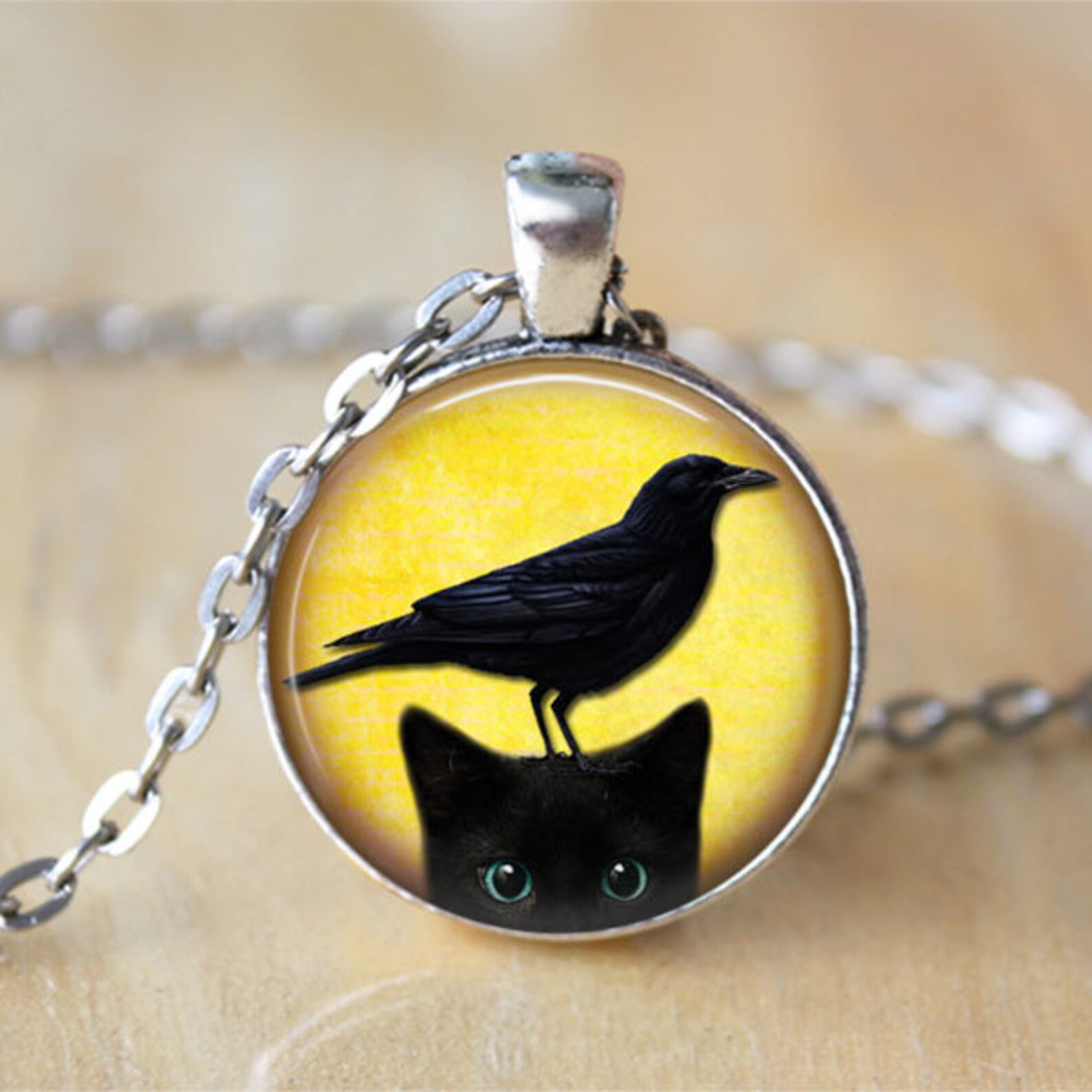 Black Cat Necklace Crow Necklace Cat Jewelry Black Bird Etsy