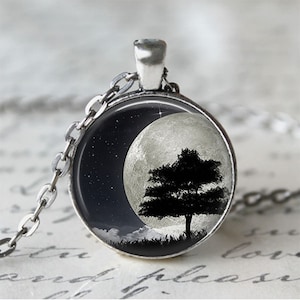 Tree Silhouette Full Moon Necklace • Night Sky • Tree Necklace • Moon Jewelry