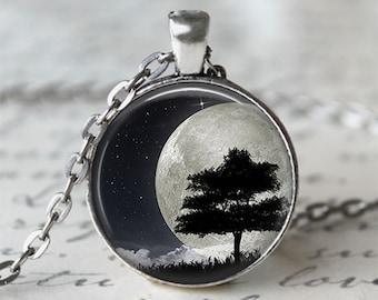Tree Silhouette Full Moon Necklace • Night Sky • Tree Necklace • Moon Jewelry