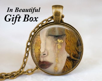 Gustav Klimt - Collar con colgante de mujer llorando, joyería de Gustav Klimt, pintura de Gustav Klimt, pinturas famosas simbolistas