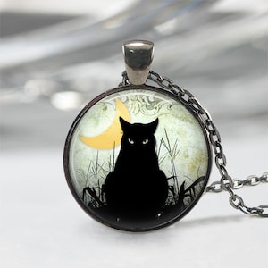 Black Cat Necklace • Crescent Moon • Cat Jewelry • Halloween Jewelry • Gothic Jewelry