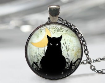 Black Cat Necklace • Crescent Moon • Cat Jewelry • Halloween Jewelry • Gothic Jewelry